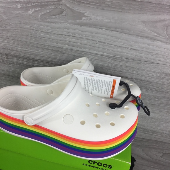 white rainbow platform crocs